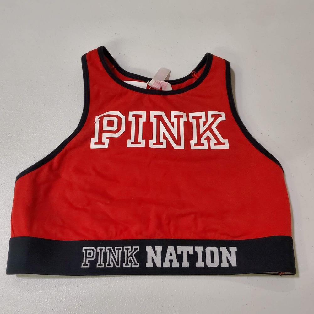PINK Victoria's Secret Women Sports Bra Small Red Crop Logo Racerback Pullover